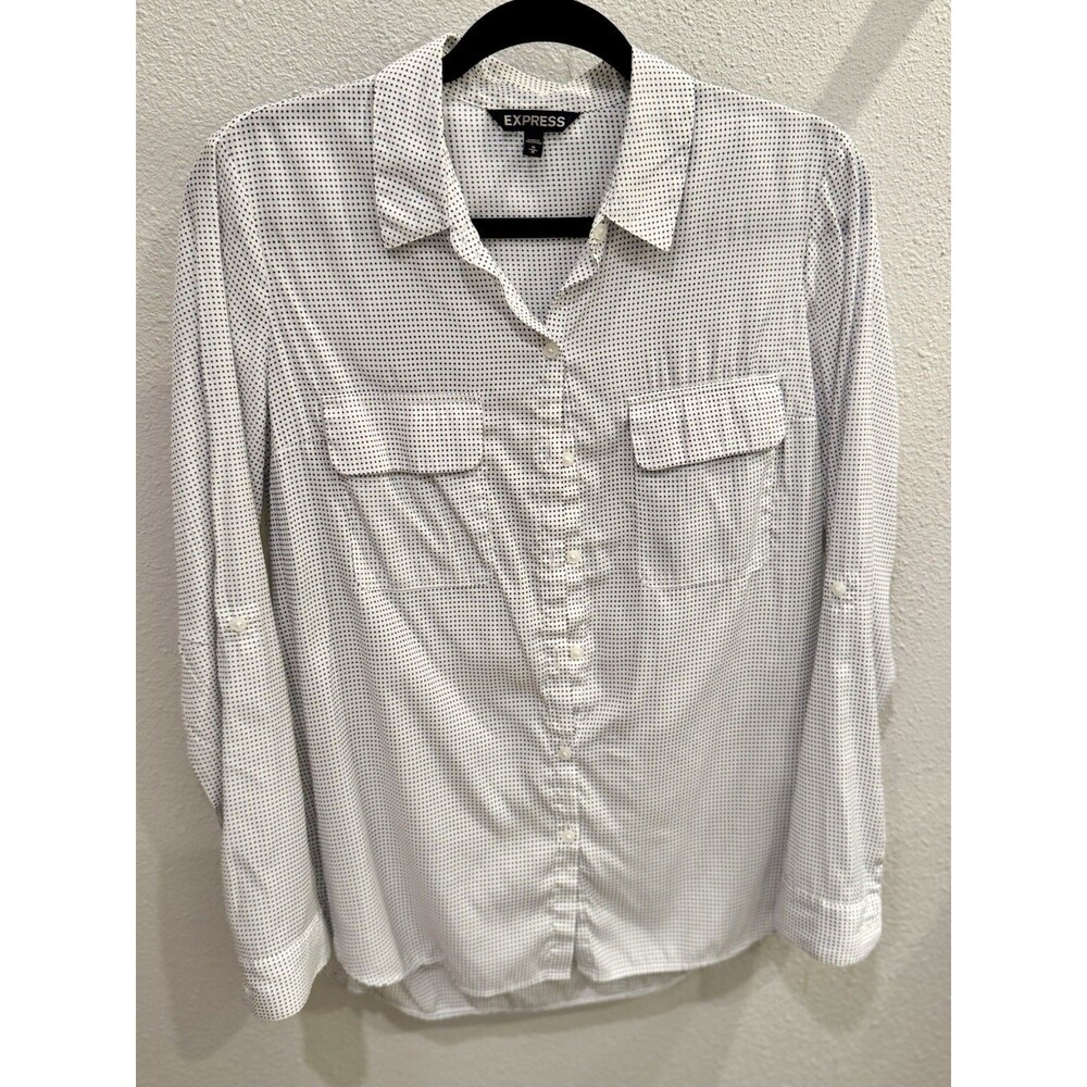 Express Women's M White/Grey Polka Dot Blouse Shirt Top w/ Pockets